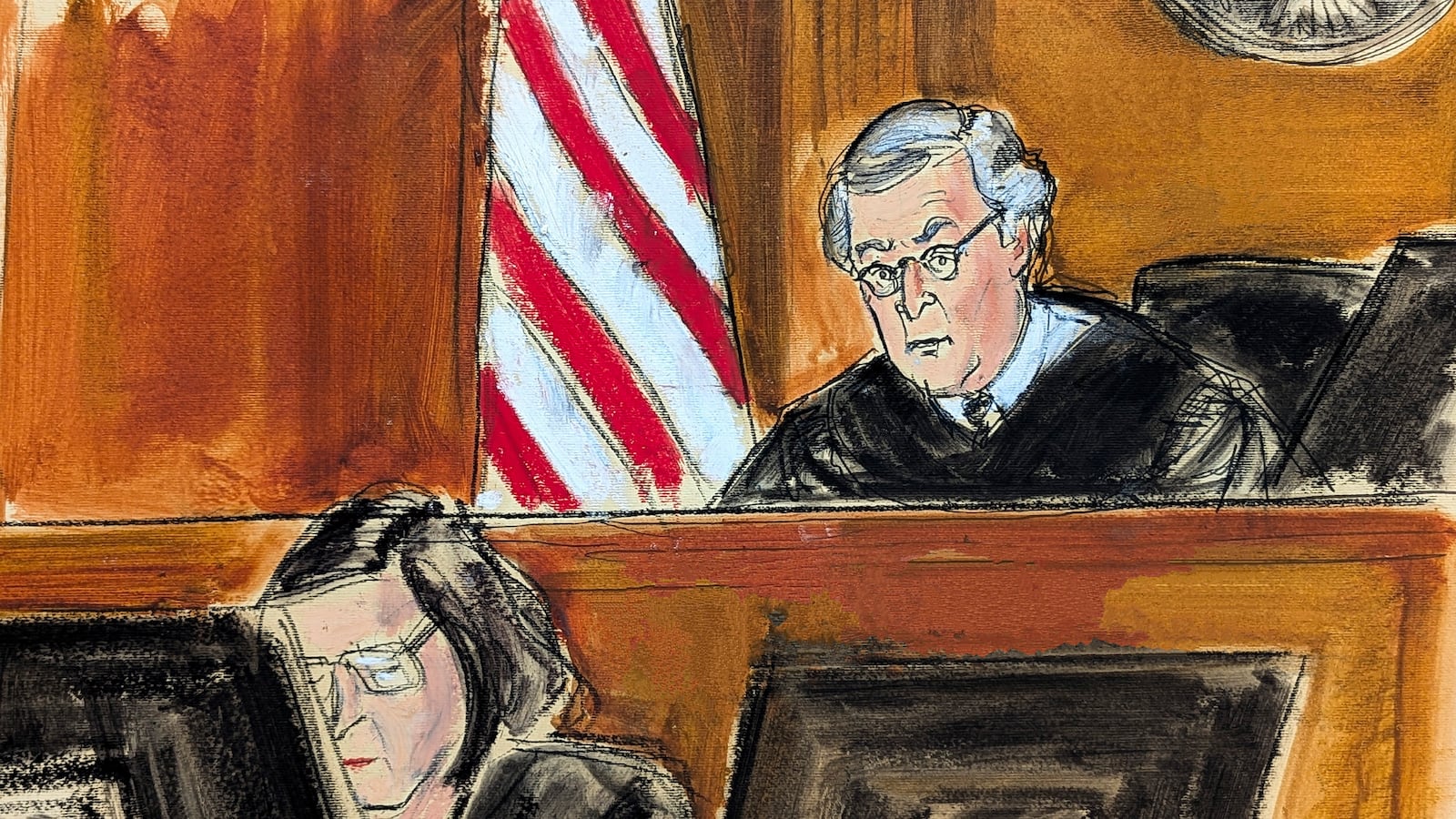 In this courtroom sketch, U.S. District Court Judge Sidney Stein speaks from the bench during the sentencing of former Sen. Bob Menendez, Wednesday, Jan. 29, 2025, in New York. (Elizabeth Williams via AP)