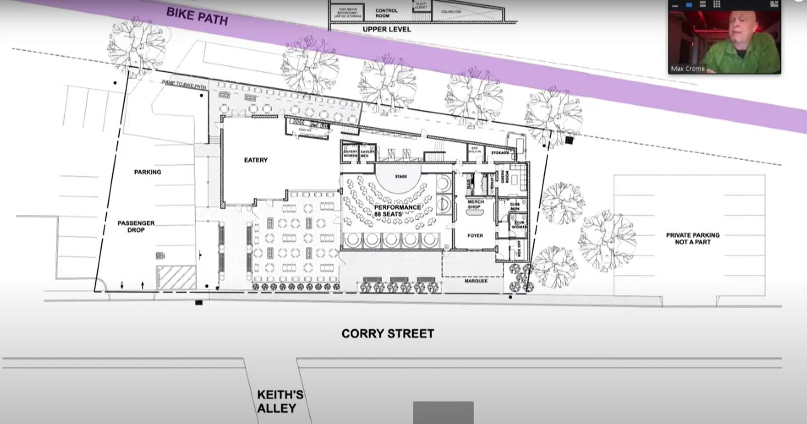 Plans for Dave Chappelle's new comedy club in Yellow Springs shared at last night's meeting. Screenshot