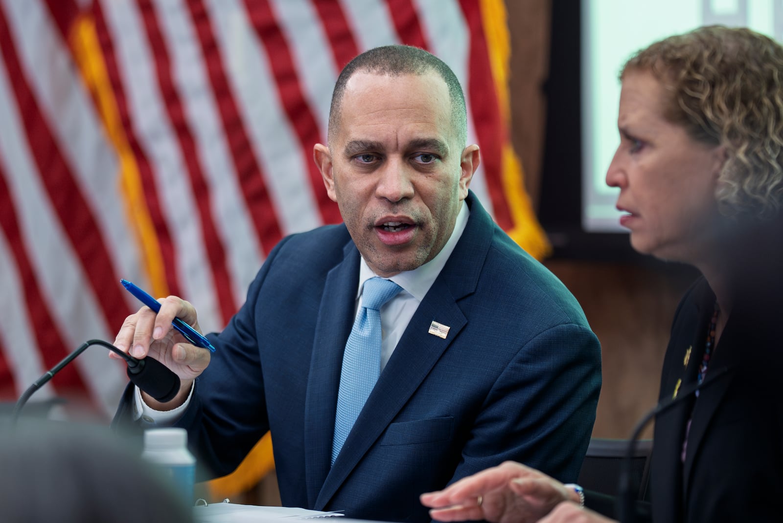 House Minority Leader Hakeem Jeffries, D-N.Y., confers with Rep. Debbie Wasserman Schultz, D-Fla., right, as Democrats hold a hearing on Republican threats to Medicaid, at the Capitol, in Washington, Thursday, March 6, 2025. (AP Photo/J. Scott Applewhite)