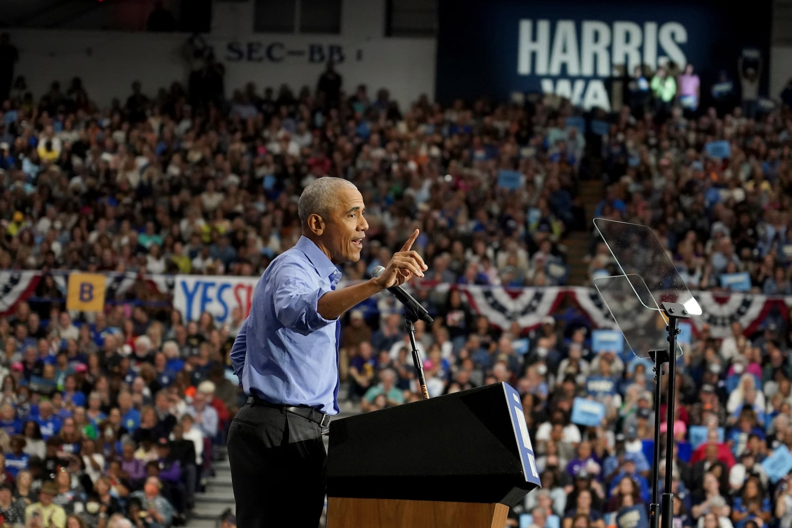 Former President Barack Obama speaks during a campaign rally supporting Democratic presidential nominee Vice President Kamala Harris, Thursday, Oct. 10, 2024, at the University of Pittsburgh's Fitzgerald Field House in Pittsburgh. (AP Photo/Matt Freed)