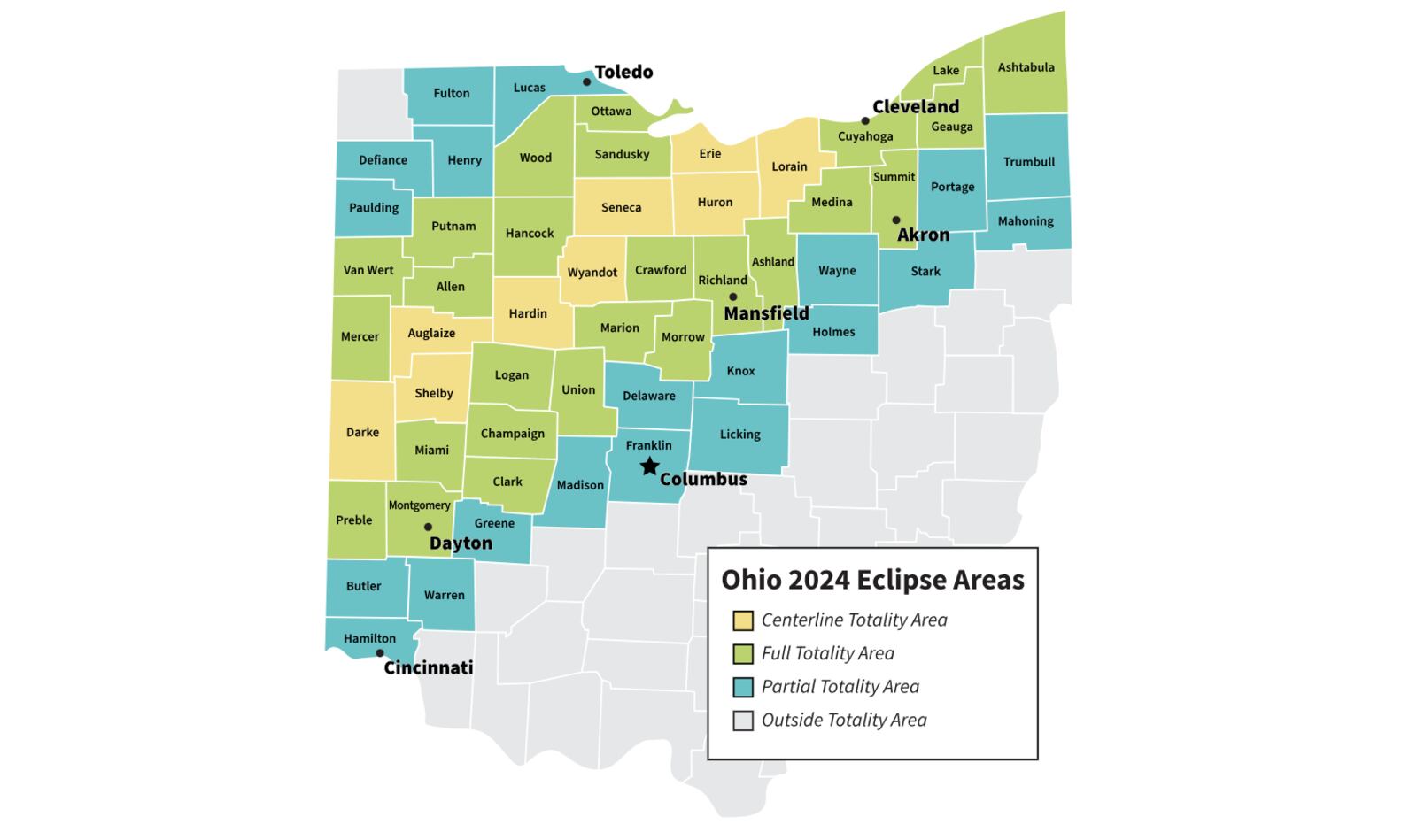 Ohio.org is offering a digital map to show the places where a total solar eclipse on April 8, 2024 will be visible in the state. The yellow portion is the path of totality, where folks will experience complete darkness. CREDIT: https://ohio.org/home/eclipse/eclipse