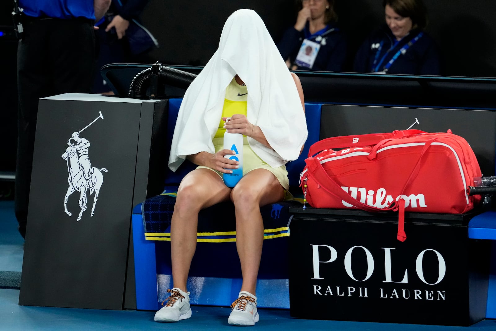 Aryna Sabalenka of Belarus reacts after the women's singles final against Madison Keys of the U.S. at the Australian Open tennis championship in Melbourne, Australia, Saturday, Jan. 25, 2025. (AP Photo/Asanka Brendon Ratnayake)