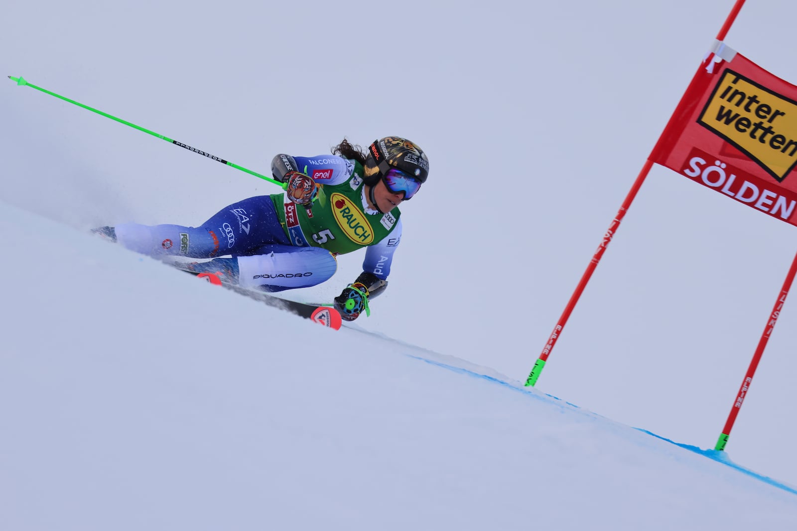 Italy's Federica Brignone speeds down the course during an alpine ski, women's World Cup giant slalom, in Soelden, Austria, Saturday, Oct. 26, 2024. (AP Photo/Marco Trovati)