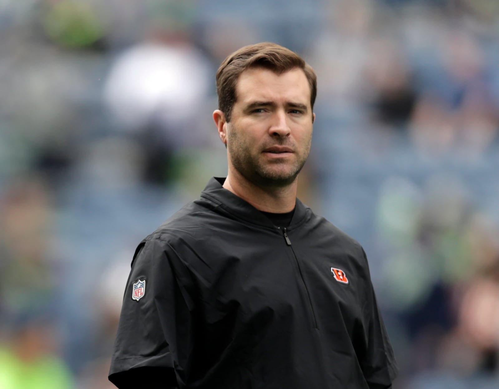 FILE - Cincinnati Bengals offensive coordinator Brian Callahan looks on before an NFL football game against the Seattle Seahawks, Sept. 8, 2019, in Seattle. Callahan will be at Super Bowl 56 against the Los Angeles Rams in Inglewood, Calif., Sunday, Feb. 13, 2022. (AP Photo/Stephen Brashear, File)