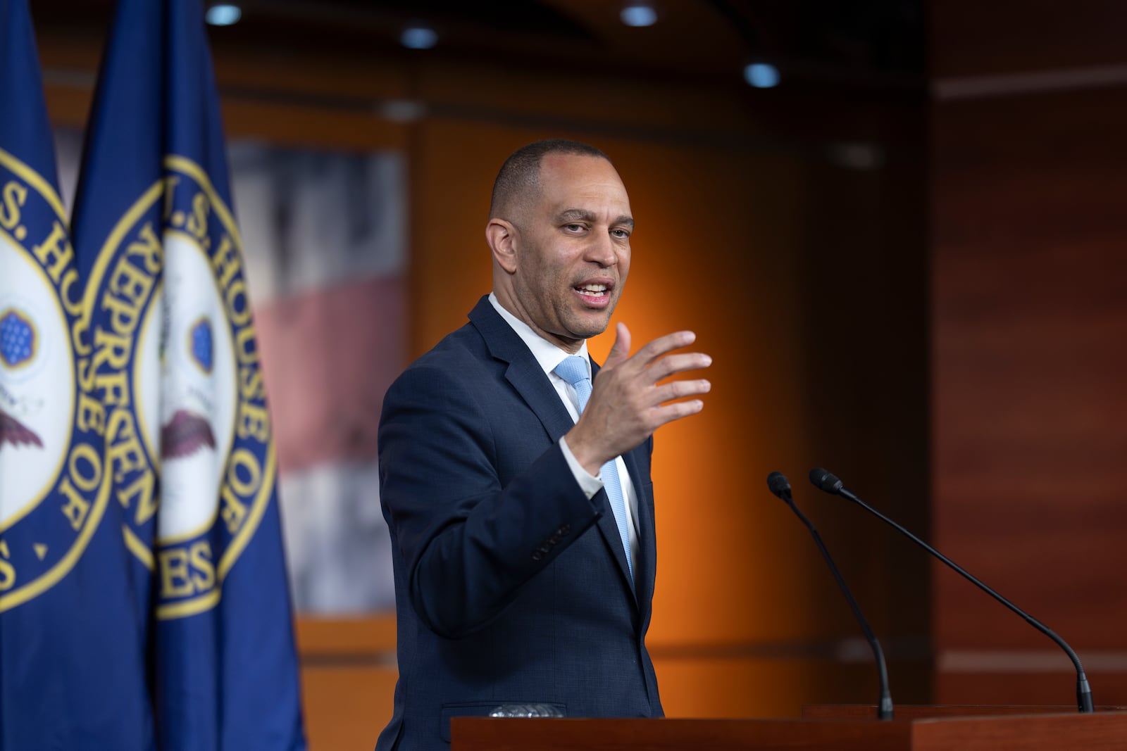 House Minority Leader Hakeem Jeffries, D-N.Y., speaks during a news conference at the Capitol, in Washington, Thursday, March 6, 2025. (AP Photo/J. Scott Applewhite)