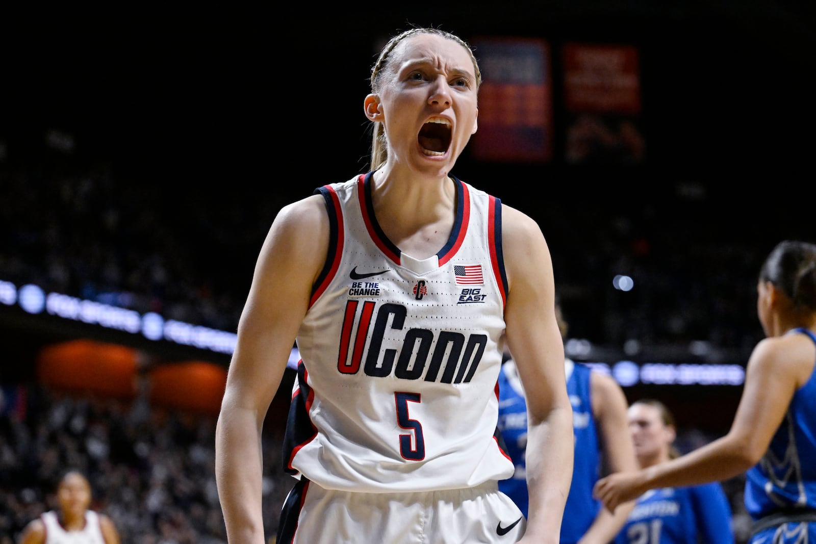 UConn guard Paige Bueckers (5) reacts after making a basket while being fouled during the second half of an NCAA college basketball game against Creighton in the finals of the Big East Conference tournament, Monday, March 10, 2025, in Uncasville, Conn. (AP Photo/Jessica Hill)