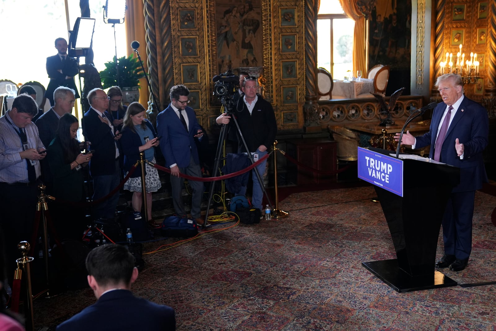 President-elect Donald Trump speaks during a news conference at Mar-a-Lago, Tuesday, Jan. 7, 2024, in Palm Beach, Fla. (AP Photo/Evan Vucci)