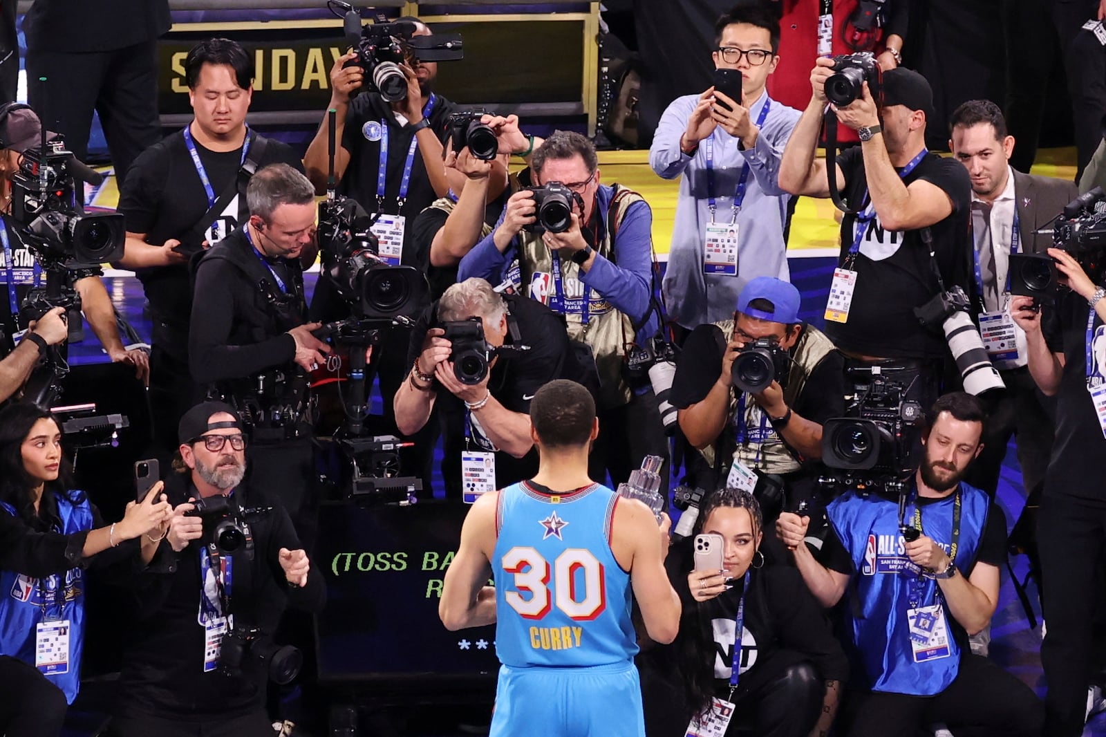 Golden State Warriors guard Stephen Curry poses for photos after the NBA All-Star basketball game Sunday, Feb. 16, 2025, in San Francisco. (AP Photo/Jed Jacobsohn)