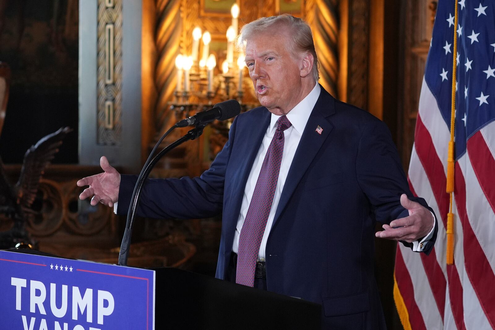 President-elect Donald Trump speaks during a news conference at Mar-a-Lago, Tuesday, Jan. 7, 2024, in Palm Beach, Fla. (AP Photo/Evan Vucci)