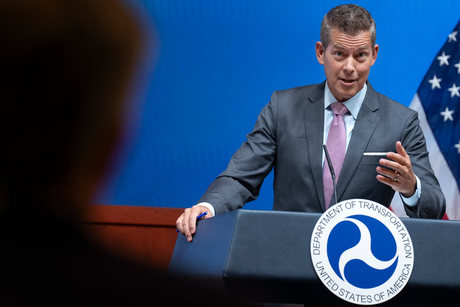 Transportation Secretary Sean Duffy speaks during a news conference following up on the issuance of the National Transportation Safety Board (NTSB) preliminary report on the mid-air collision near Ronald Reagan Washington National Airport, Tuesday, March 11, 2025, at the Department of Transportation in Washington. (AP Photo/Jacquelyn Martin)