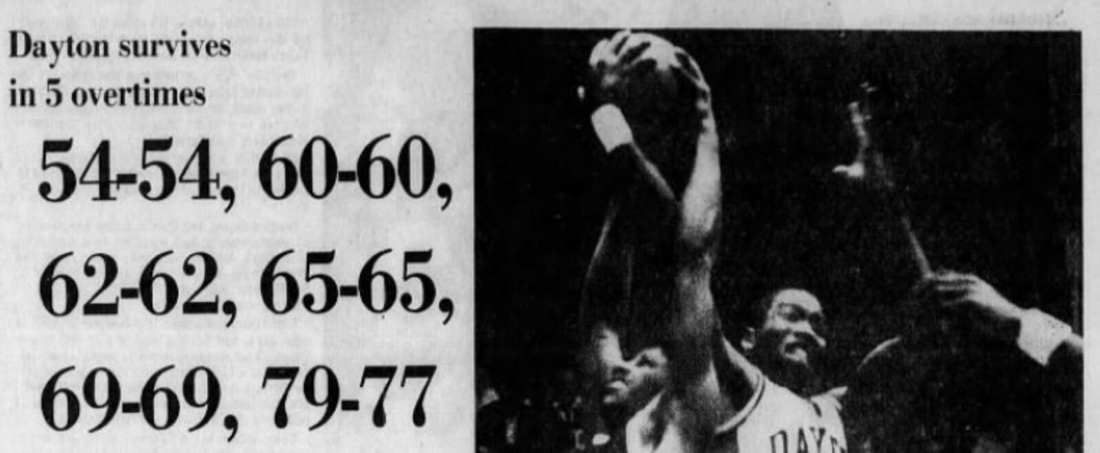 Front of the Dayton Daily News sports section on Jan. 29, 1982, featuring Dayton's five-overtime victory against Providence.