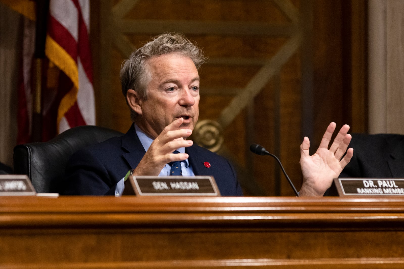 
                        Sen. Rand Paul (R-Ky.) questions Homeland Security Secretary Alejandro Mayorkas as he testifies before the Senate Homeland Security and Governmental Affairs Committee on Capitol Hill in Washington, April 18, 2023. Speaking to donors this month, Rep. Mark Green (R-Tenn.), the House Homeland Security Committee chairman, promised to produce charges of high crimes and misdemeanors against the homeland security secretary. (Julia Nikhinson/The New York Times)
                      