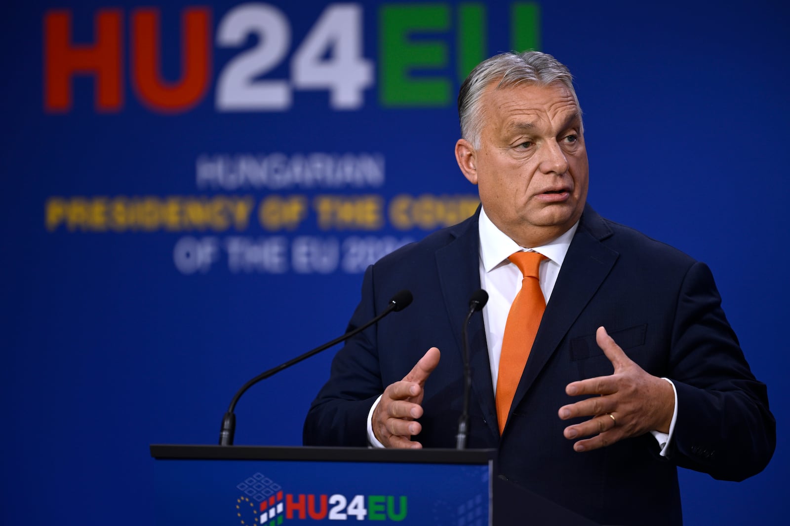 Hungary's Prime Minister Viktor Orban addresses a media conference at the end of an EU Summit at the Puskas Arena in Budapest, Friday, Nov. 8, 2024. (AP Photo/Denes Erdos)