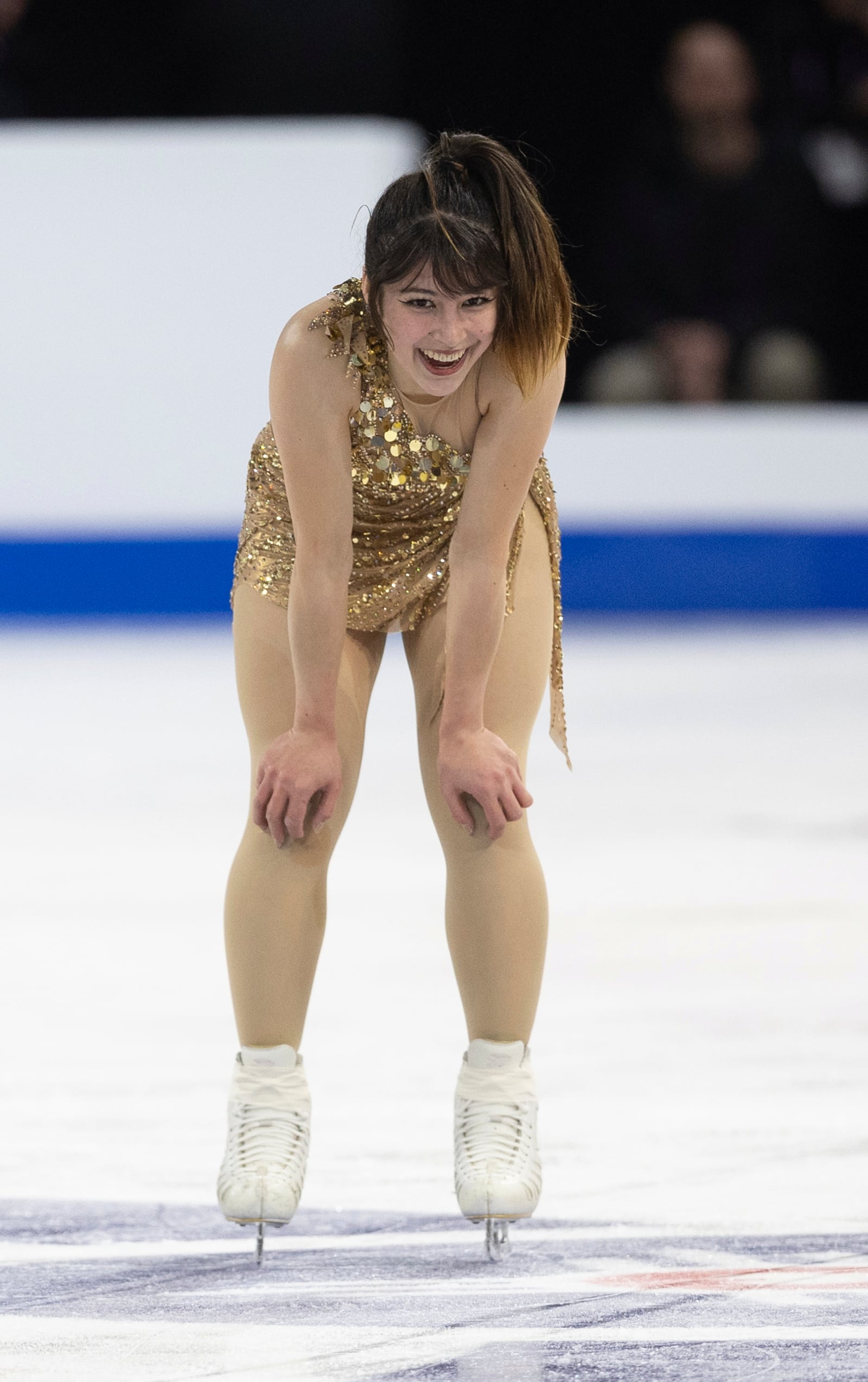 Alysa Liu reacts after her performance at the women's free skate competition at the U.S. figure skating championships Friday, Jan. 24, 2025, in Wichita, Kan. (AP Photo/Travis Heying)