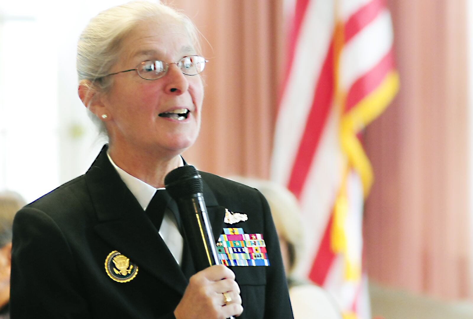 Retired U.S Navy Rear Admiral Deborah A. Loewer special guest speaker at the Woman's Town Club in Springfield as part of the Women's History Month. A graduate of Springfield Shawnee High School and Wright State University. As one of the first women officers assigned shipboard duty, then Lieutenant , junior grade Lower served on the destroyer tender USS Yosemite AD-19 as electrical division officer, operations officer, navigator and administrative officer. On September 11, 2001 traveling with President George W. Bush to an elementary school in Florida informed the President of the first aircraft that crashed into the World Trade Center Contributed Photo by Charles Caperton