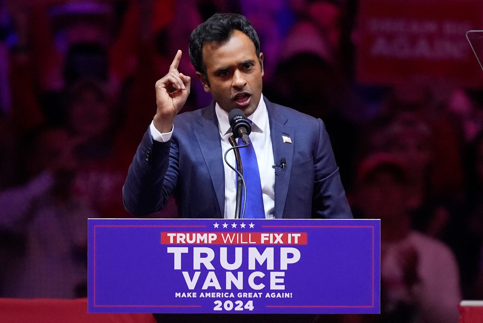 FILE - Vivek Ramaswamy speaks at a campaign rally, Oct. 27, 2024, in New York. (AP Photo/Evan Vucci, File)