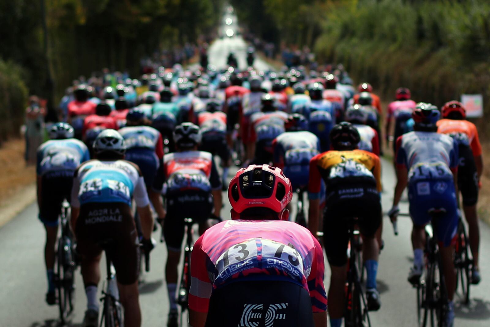 Britain's Hugh John Carthy rides in the pack during the stage 12 of the Tour de France cycling race over 218 kilometers from Chauvigny to Sarran, Thursday, Sept. 10, 2020. (AP Photo/Thibault Camus)