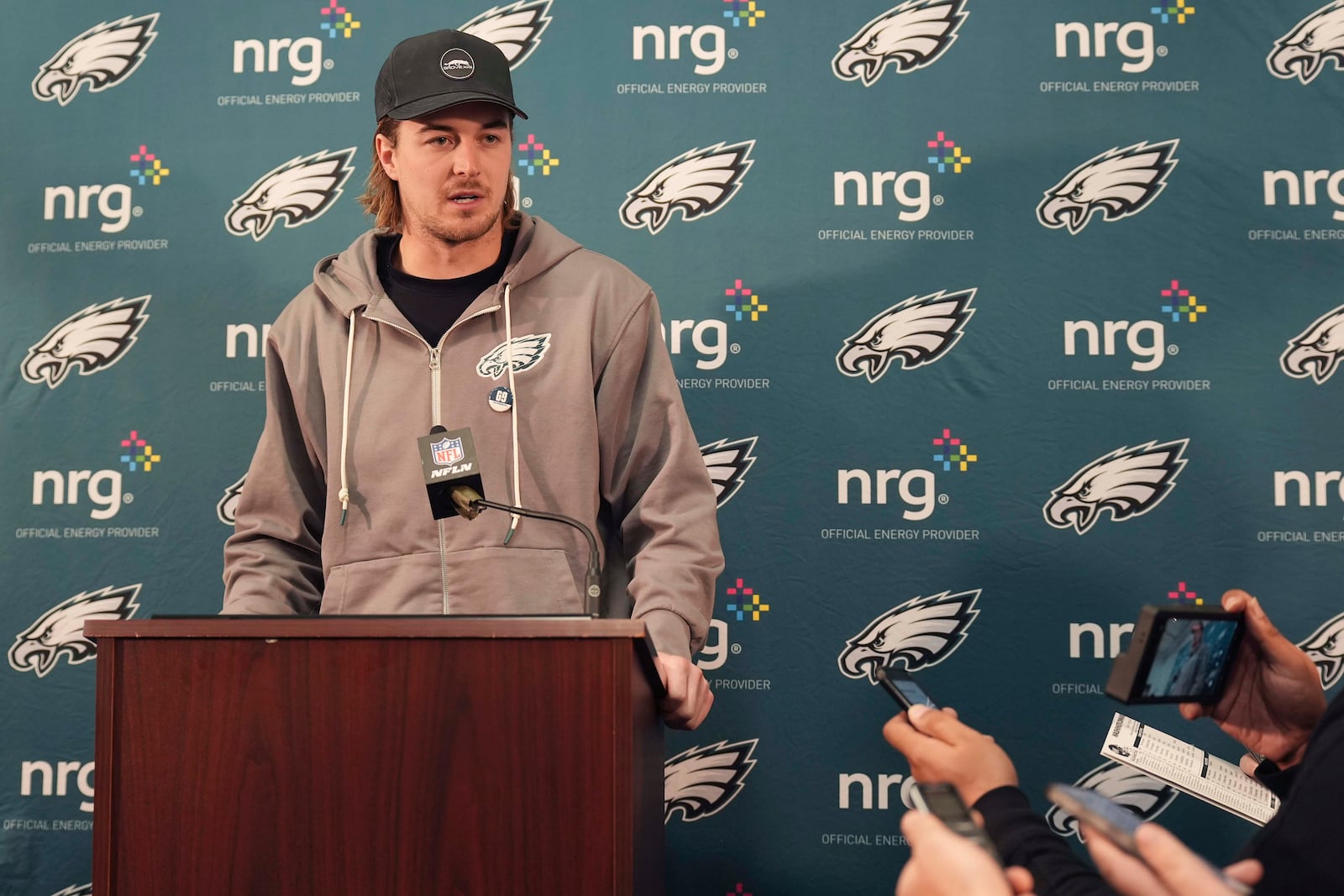 Philadelphia Eagles quarterback Kenny Pickett speaks to members of the media after an NFL football game against Washington Commanders, Sunday, Dec. 22, 2024, in Landover, Md. (AP Photo/Stephanie Scarbrough)