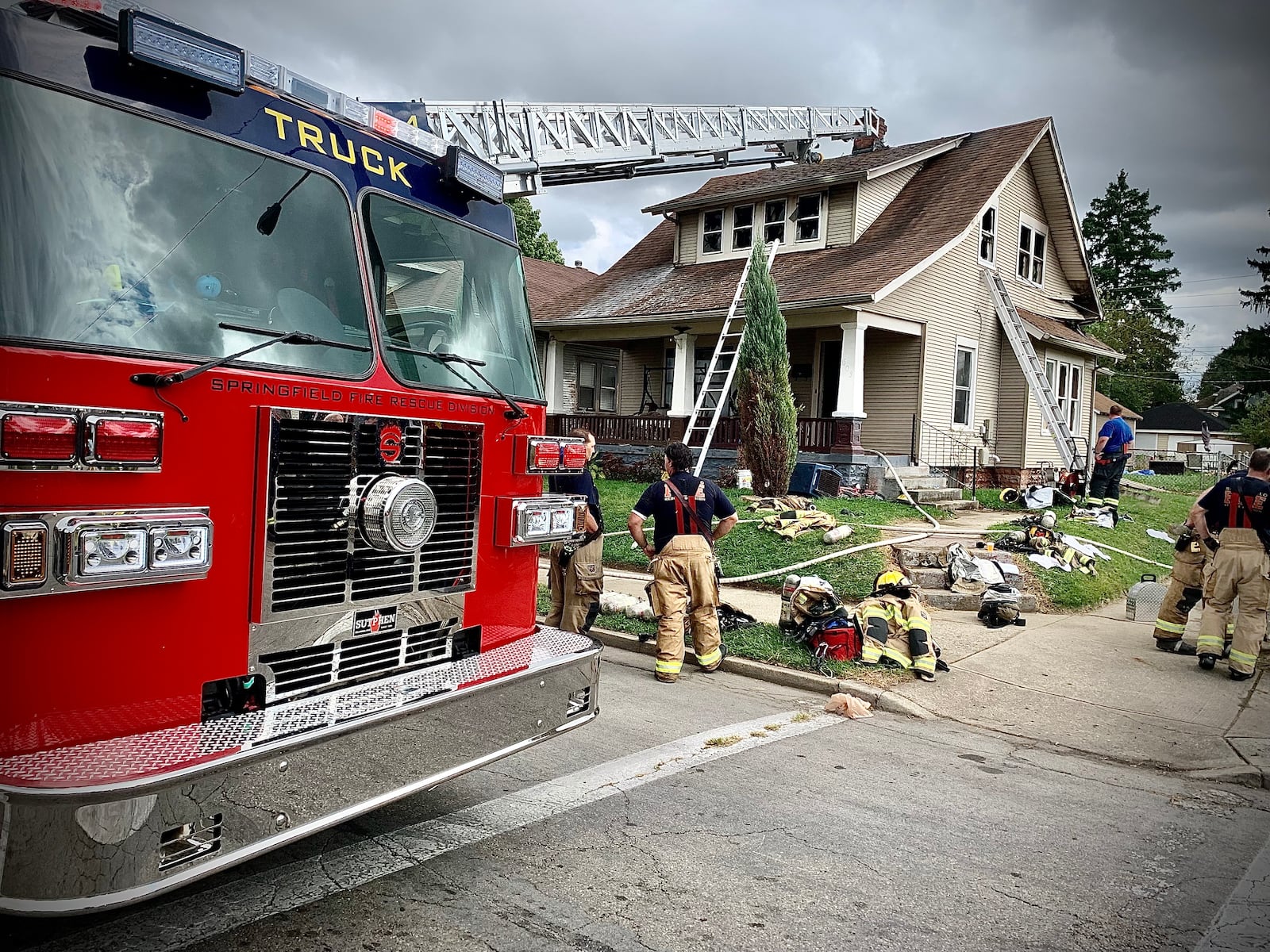 Five Springfield firefighters were injured Sunday afternoon, Sept. 25, 2022, as they battled a house fire on Rice Street, fire officials confirmed. MARSHALL GORBY/STAFF