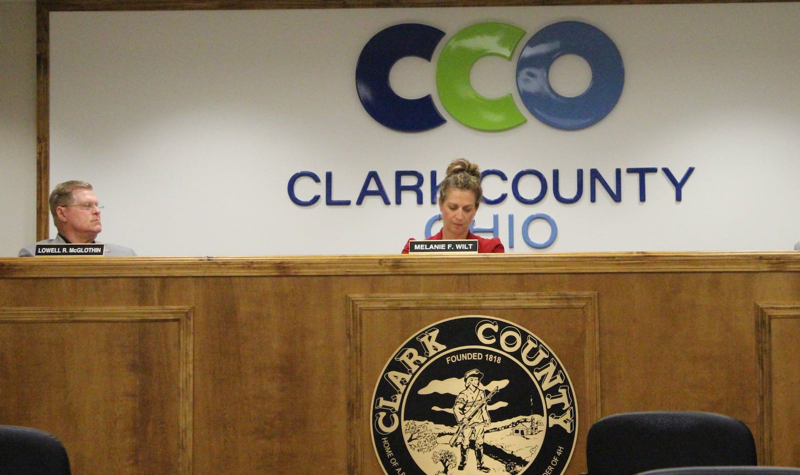 Clark County Commissioners Lowell McGlothin (left) and Melanie Flax Wilt (right).