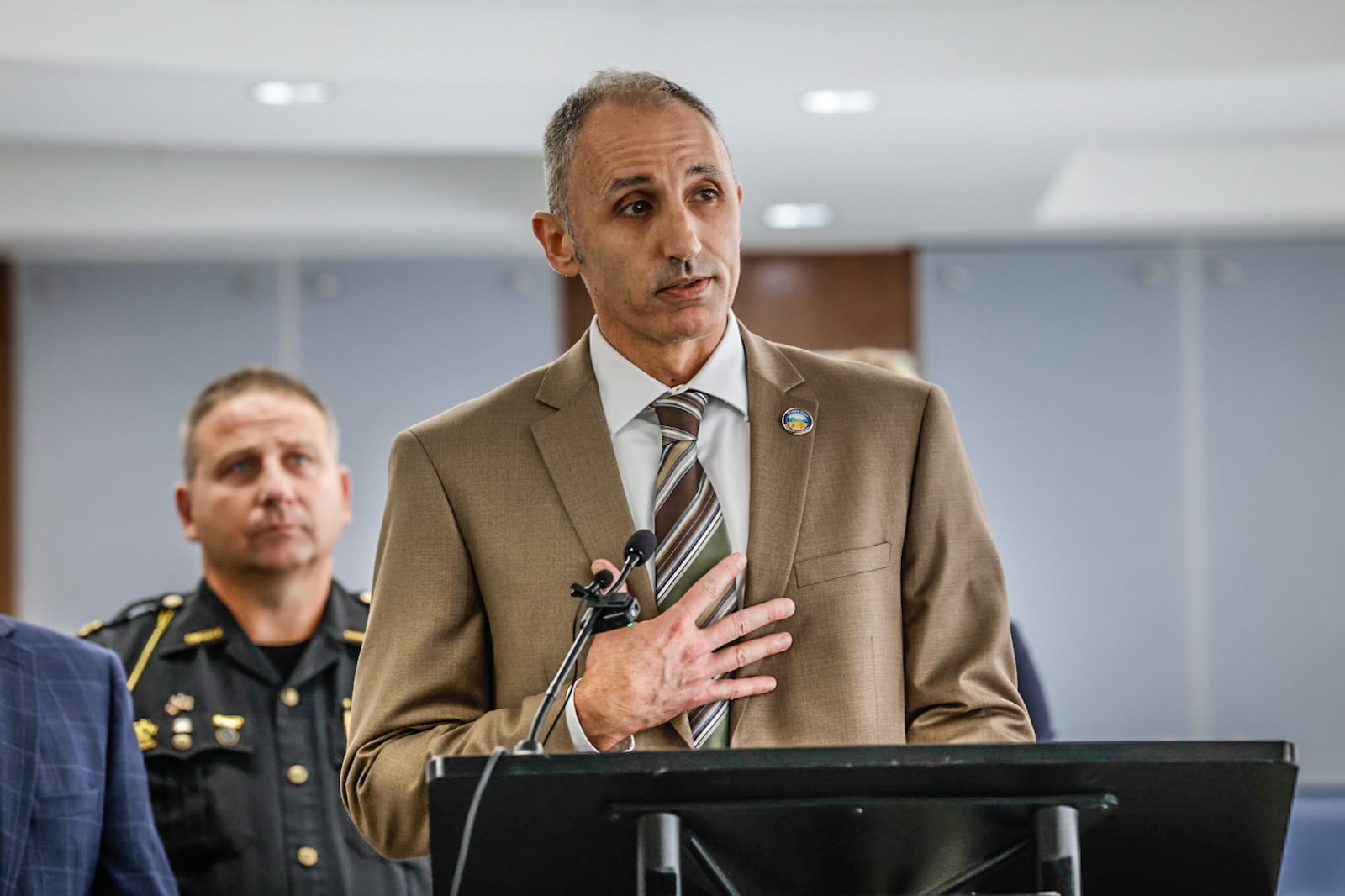 Montgomery County Probate Court Judge David Brannon talks to the media about how upgrades to the Montgomery County Jail will ensure inmates continue treatment after they are released. JIM NOELKER/STAFF