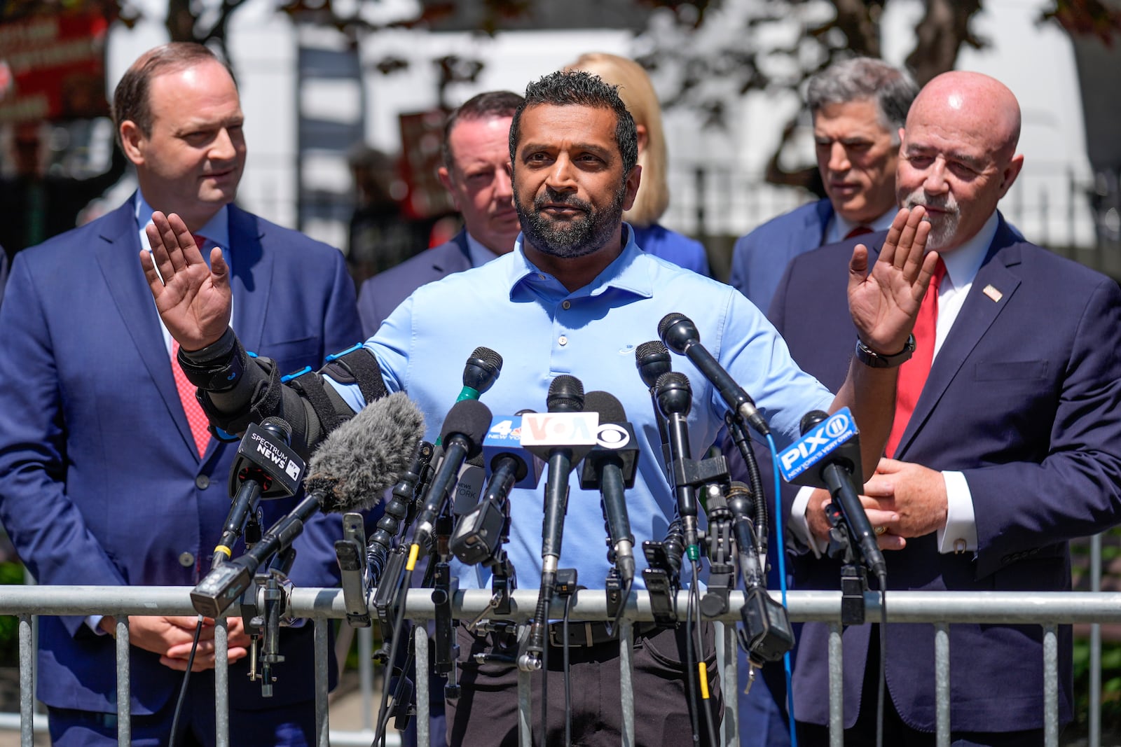 FILE - Kash Patel speaks to reporters in a park across the street from former President Donald Trump's criminal trial in New York, May 20, 2024. (AP Photo/Seth Wenig, File)