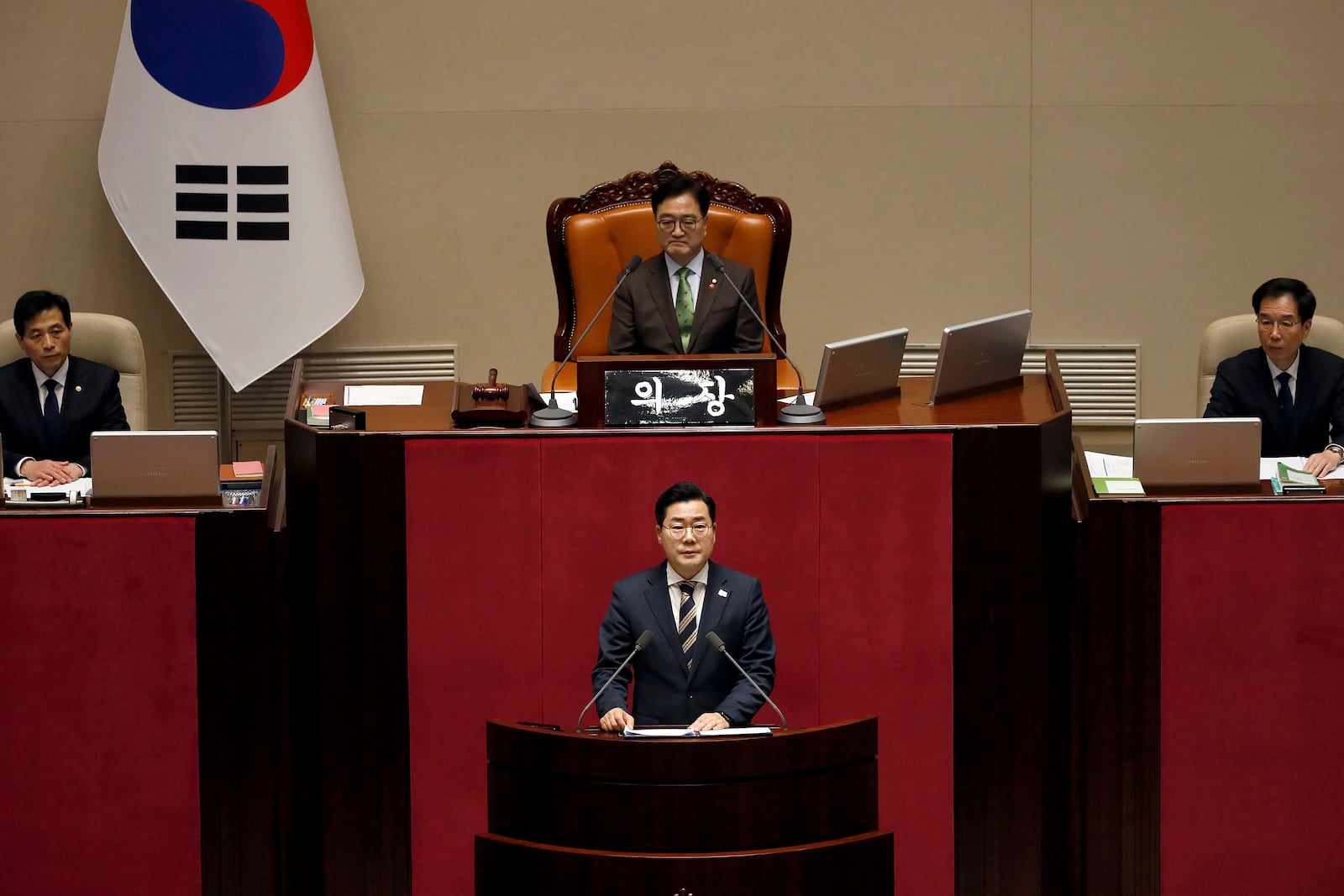 Park Chan-dae, floor leader of the Democratic Party, speaks during the plenary session for the impeachment vote of President Yoon Suk Yeol at the National Assembly in Seoul, South Korea, on Saturday, Dec.14, 2024.(Woohae Cho/Pool Photo via AP)