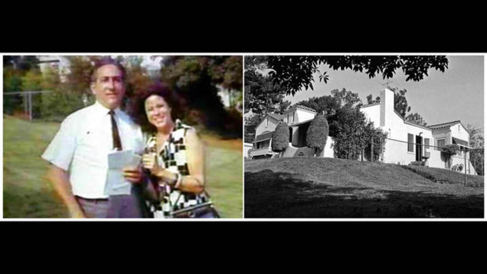 Leno and Rosemary LaBianca, left, pose in an undated photo outside their home at 3301 Waverly Drive in the Los Feliz neighborhood of Los Angeles. At right is the couple's home on Aug. 11, 1969, the day after they were murdered. AP Photo