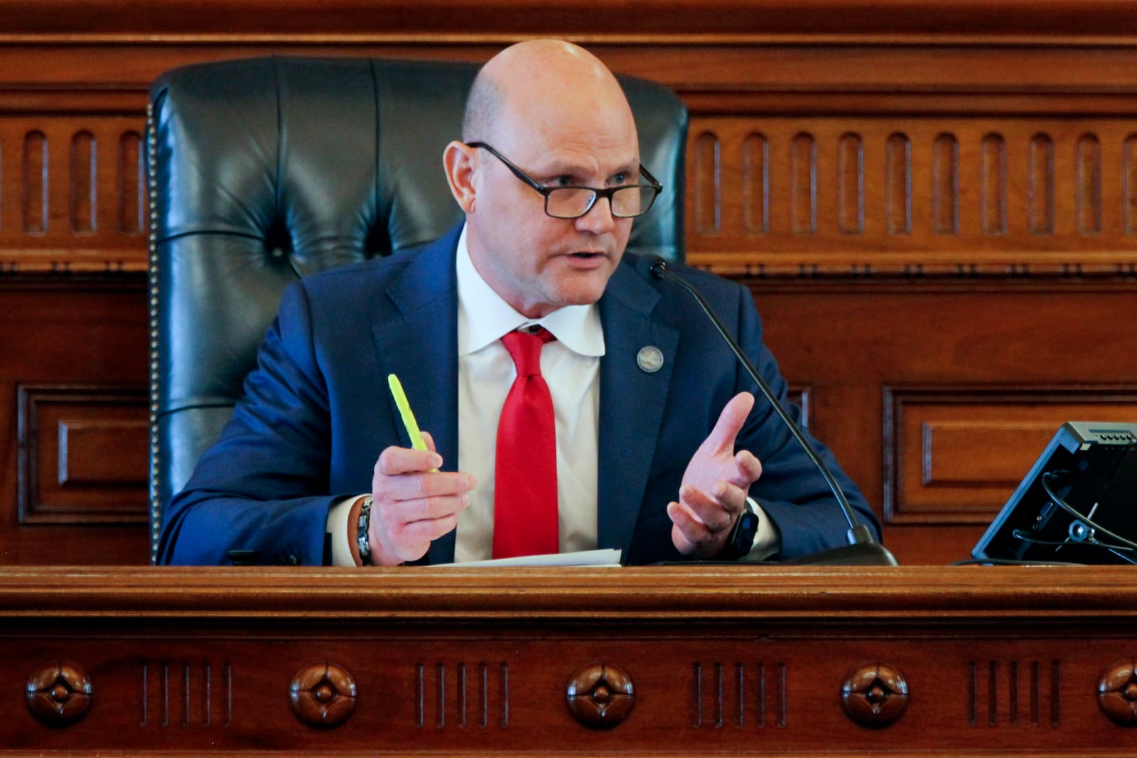 Kansas Secretary of State Scott Schwab makes remarks during a meeting of the state’s presidential electors, Tuesday, Dec. 17, 2024, in the Senate chamber at the Statehouse in Topeka, Kan. Schwab championed a law requiring new voters to show proof of their U.S. citizenship when registering before it was struck down by the federal courts, but now opposes the idea, saying, “It didn’t work out so well.” (AP Photo/John Hanna)