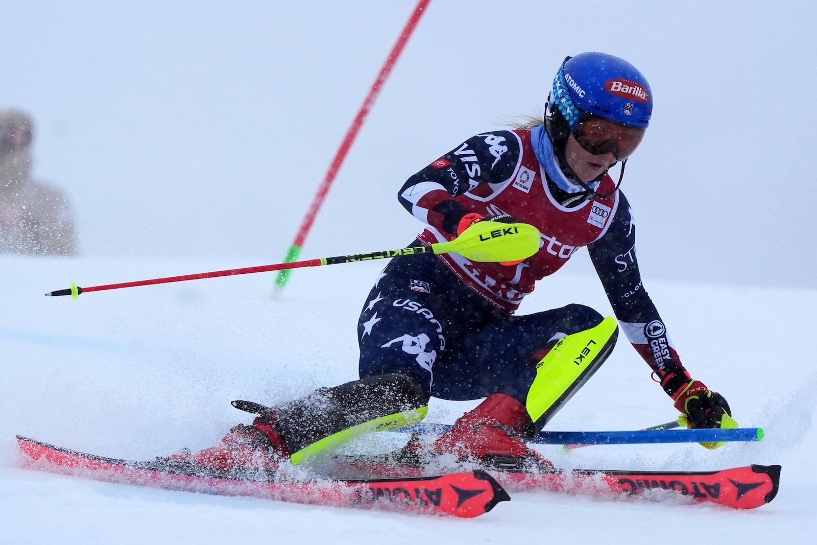 United States' Mikaela Shiffrin speeds down the course during an alpine ski, women's World Cup slalom in Are, Sweden, Sunday, March 9, 2025. (AP Photo/Giovanni Auletta)