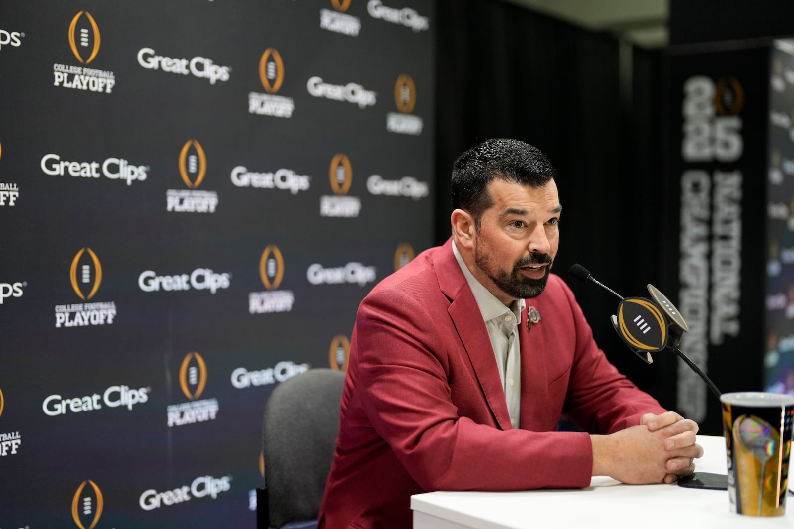 Ohio State head coach Ryan Day talks during media day ahead of the national championship NCAA College Football Playoff game between Ohio State and Notre Dame Saturday, Jan. 18, 2025, in Atlanta. The game will be played on Monday. (AP Photo/Chris Carlson)