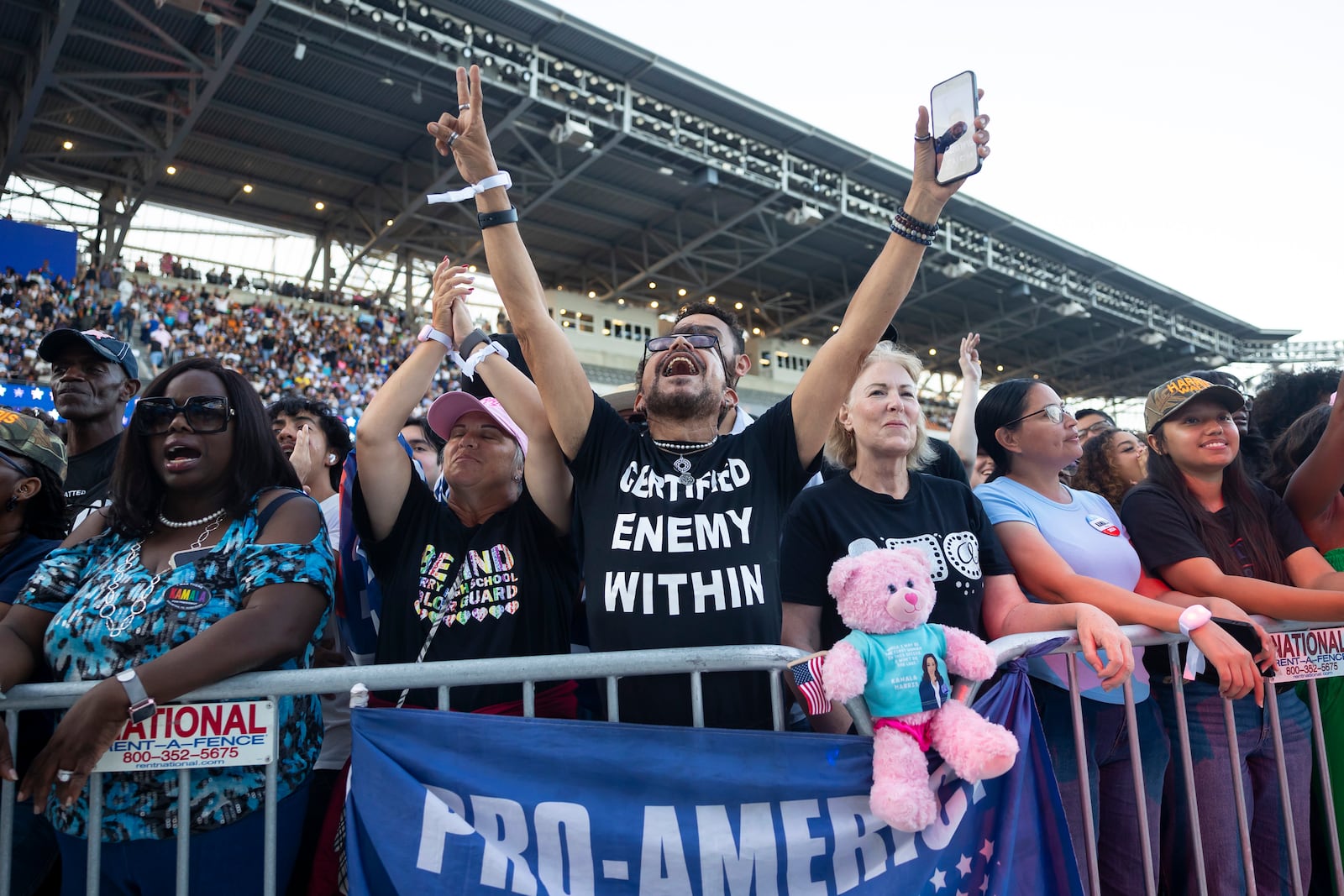 Giovanni Castro cheers before Democratic presidential nominee Vice President Kamala Harris takes the stage at a campaign rally Friday, Oct. 25, 2024, in Houston. (AP Photo/Annie Mulligan)