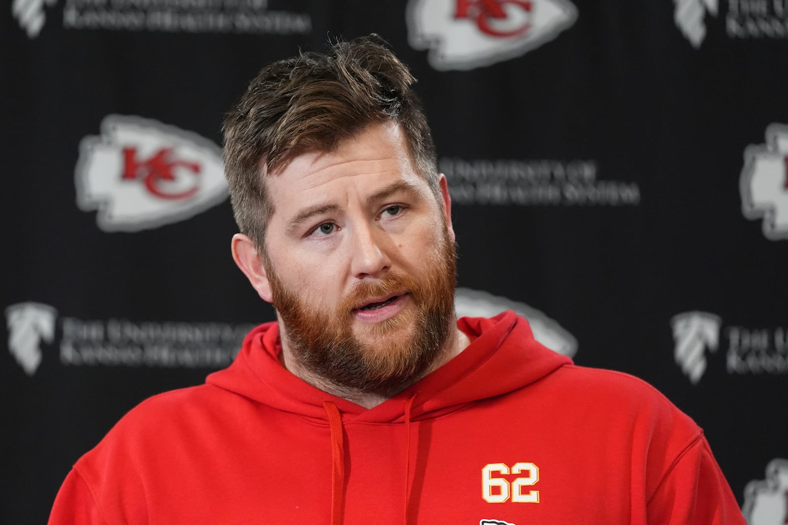 Kansas City Chiefs guard Joe Thuney addresses the media before the team's NFL football practice Thursday, Jan. 23, 2025, in Kansas City, Mo. (AP Photo/Charlie Riedel)