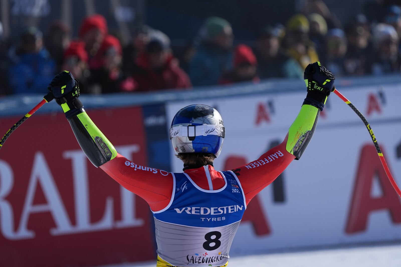 Switzerland's Marco Odermatt celebrates at the finish area of a men's Super-G, at the Alpine Ski World Championships, in Saalbach-Hinterglemm, Austria, Friday, Feb. 7, 2025. (AP Photo/Giovanni Auletta)