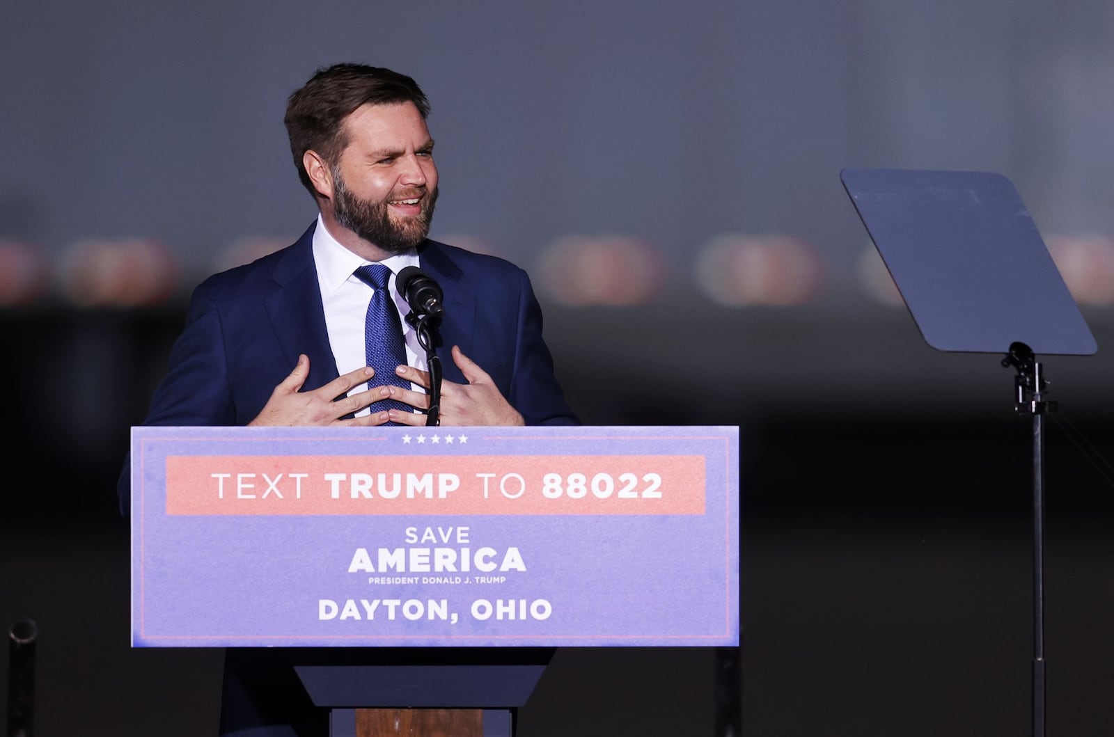 Republican U.S. Senate candidate J.D. Vance speaks to the crowd during a Trump Rally Monday, Nov. 7, 2022, at Dayton International Airport in Dayton. NICK GRAHAM/STAFF