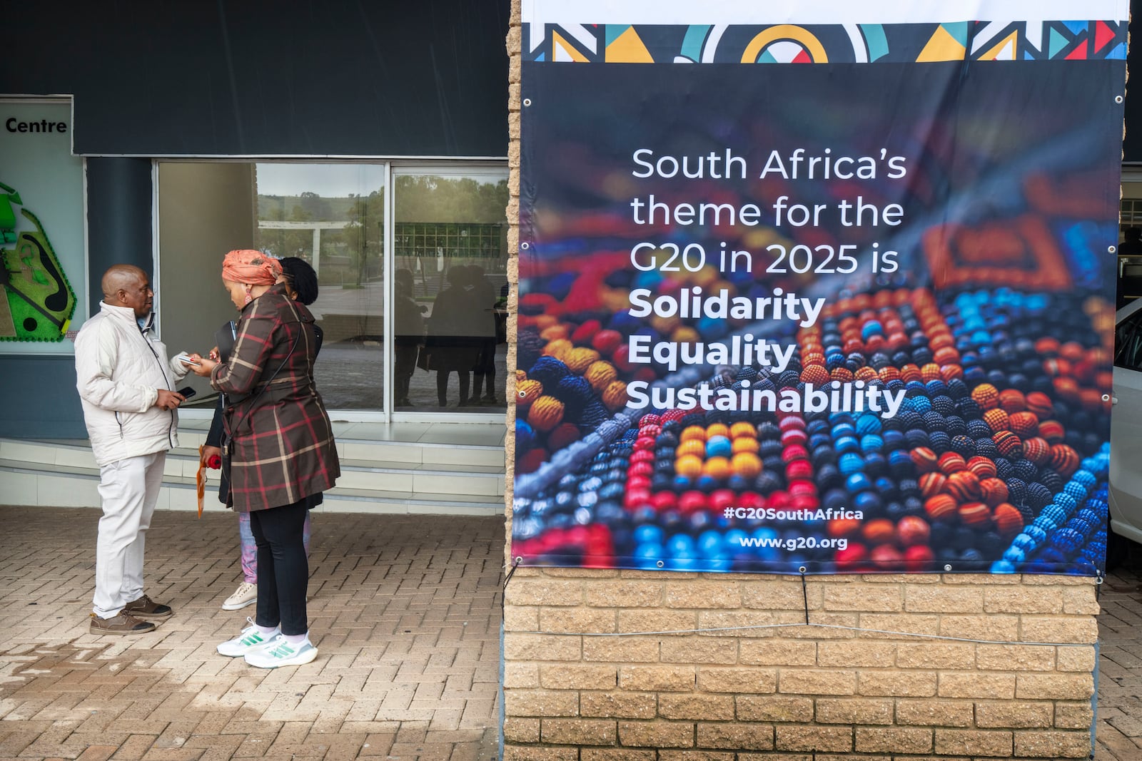 A G20 poster calling for Solidarity, Equality and Sustainability adorns the site where the foreign ministers meeting of the G20 will take place without The U.S. Secretary of State Feb. 20 and 21, 2025, in Johannesburg, South Africa, Wednesday, Feb. 19, 2025. (AP Photo/Jerome Delay)