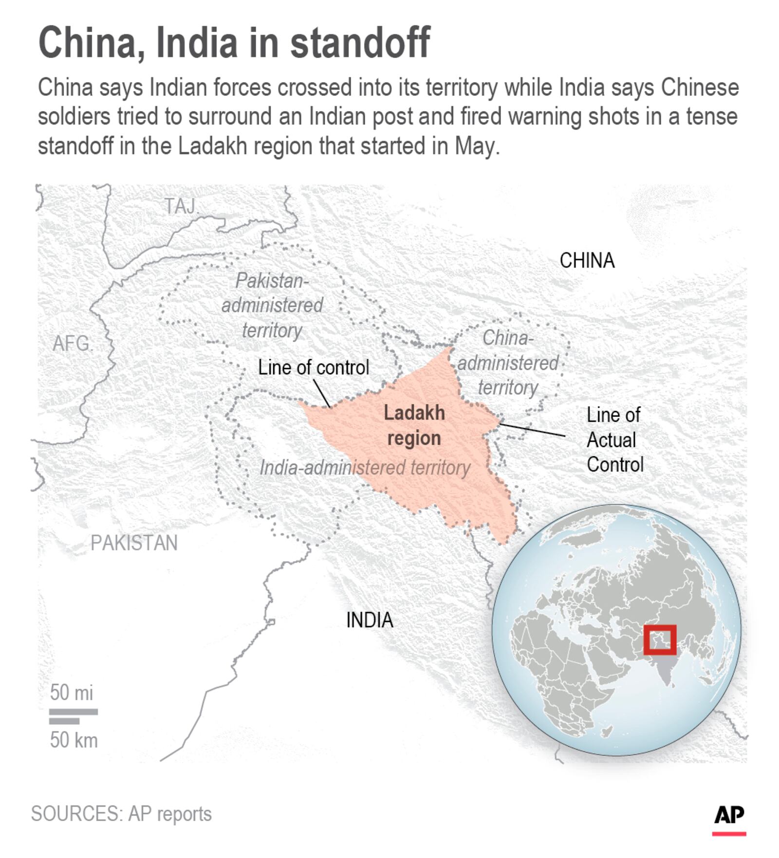 Map shows Ladakh region in disputed area between India and China, where the countries accused each other of firing warning shots;