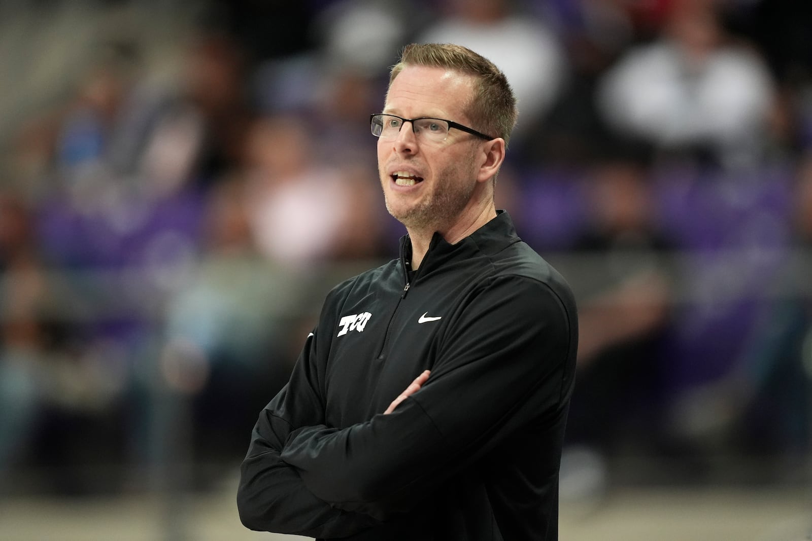 TCU head coach Mark Campbell watches play against Texas State in the second half of an NCAA college basketball game in Fort Worth, Texas, Wednesday, Nov. 13, 2024. (AP Photo/Tony Gutierrez)