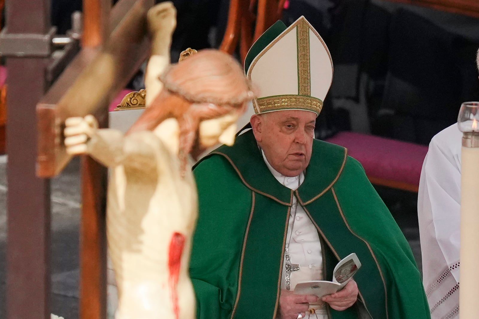 Pope presides over a mass for the jubilee of the armed forces in St. Peter's Square at The Vatican, Sunday Feb.9, 2025. (AP Photo/Alessandra Tarantino)