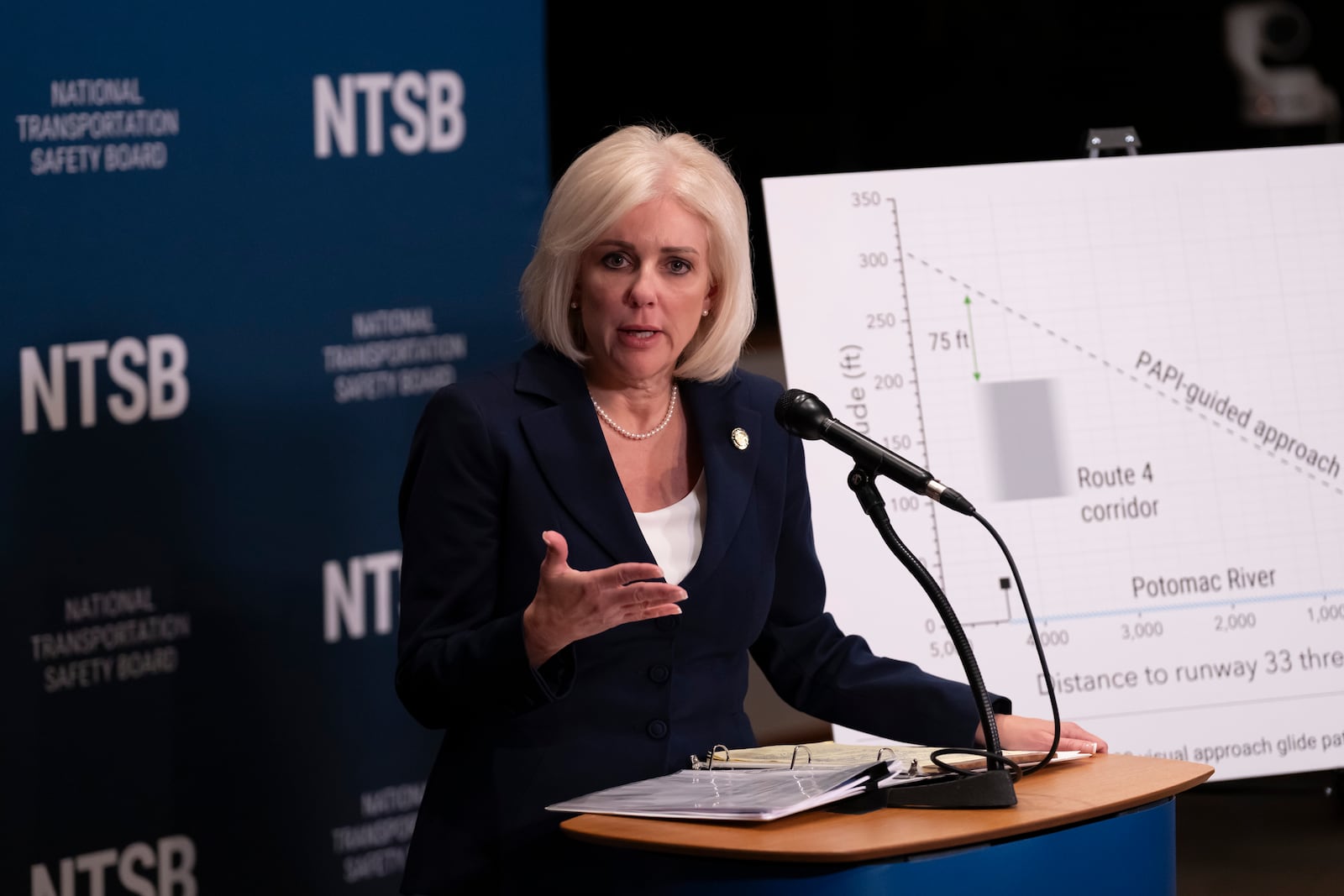 National Transportation Safety Board (NTSB) Chairwoman Jennifer Homendy speaks about the recent mid-air collision of an American Airlines flight and a Black Hawk helicopter near Ronald Reagan Washington National Airport, at a news conference in Washington, Tuesday, March 11, 2025. (AP Photo/Ben Curtis)