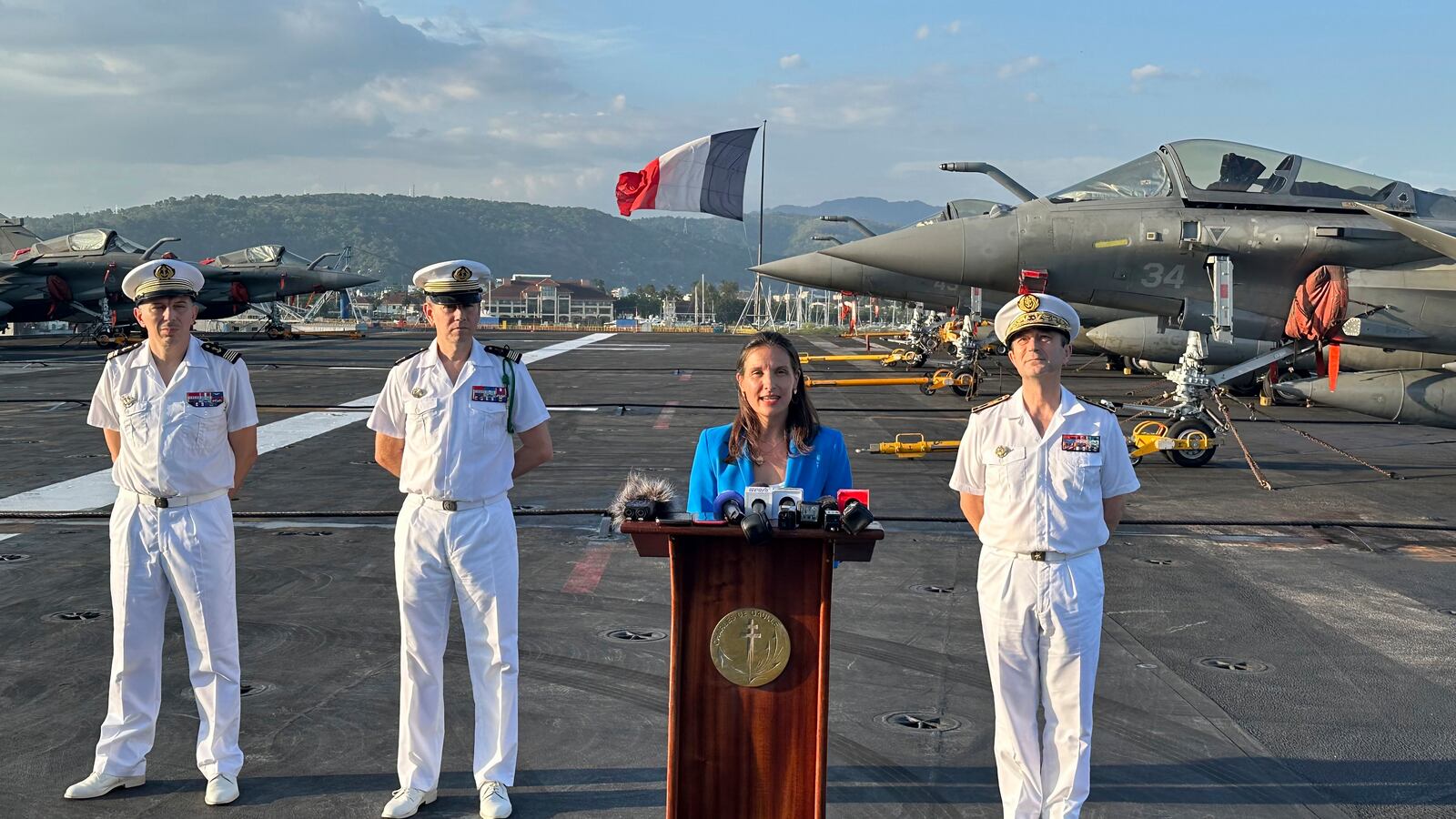 French Ambassador Marie Fontanel speaks during a news conference onboard French aircraft carrier The Charles de Gaulle at Subic Bay port, a former U.S. Naval base northwest of Manila, Philippines, Sunday, Feb. 23, 2025. (AP Photo/Joeal Calupitan)