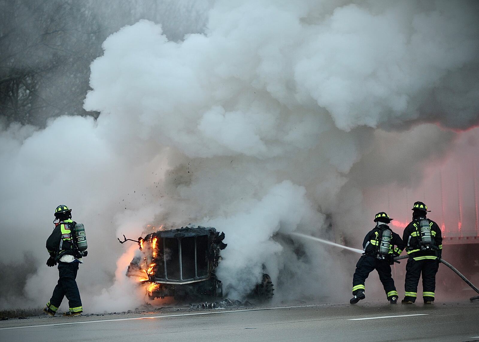 A semi truck fire temporarily shut down the eastbound lanes of Interstate 70 near Interstate 675 on Tuesday, Jan. 23, 2024. MARSHALL GORBY / STAFF