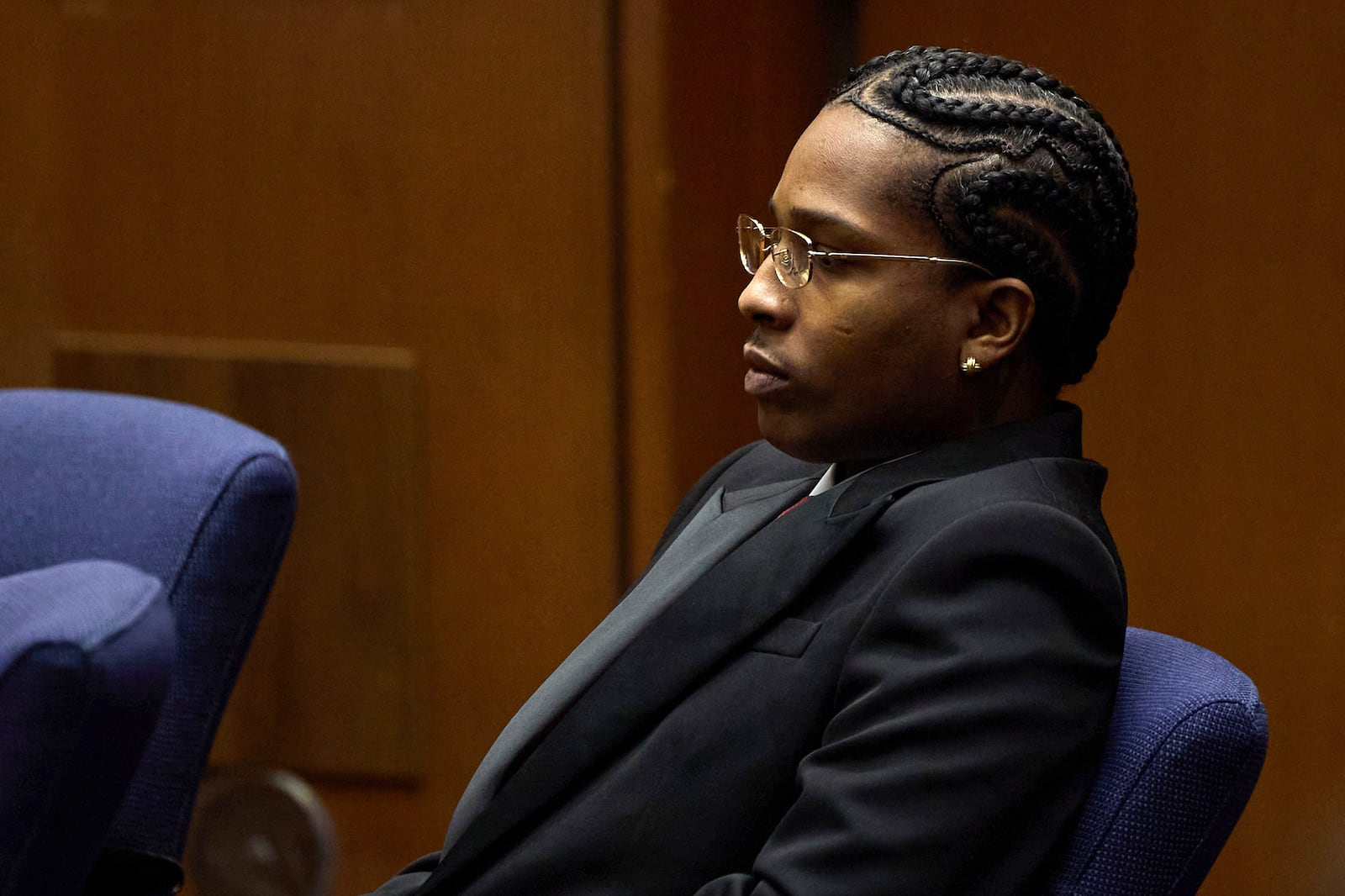 A$AP Rocky listens to closing arguments during his trial Thursday, Feb. 13, 2025, in Los Angeles. (Allison Dinner/Pool Photo via AP)