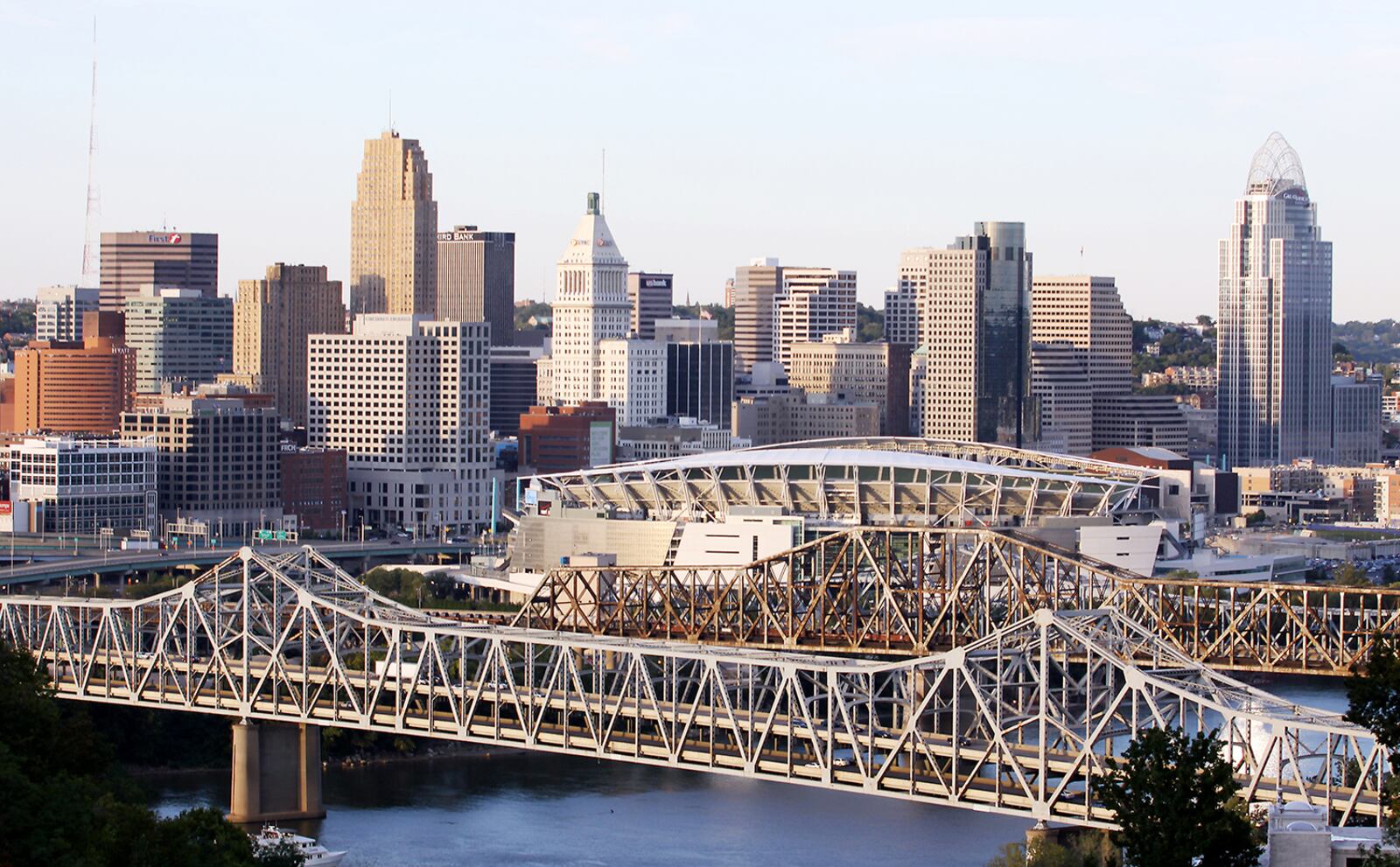 A view of the Brent Spence Bridge (foreground) from Devou Park in Covington, Ky. It was originally designed for 80,000 vehicles per day and daily usage today is twice that. Kentucky and Ohio officials hope the new Infrastructure Investment and Jobs Act funding will help pay to build a companion bridge to take some of the traffic off the existing bridge. This file photo is from 2011.