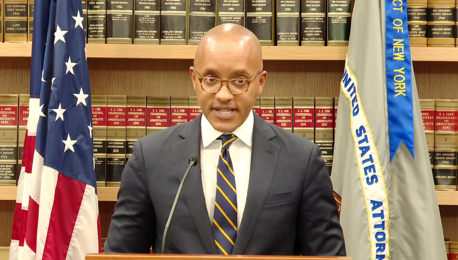 This still image from video from the U.S. Attorney's Office shows U.S. Attorney for the Southern District of New York Damian Williams during a news conference, in New York, Wednesday, Dec. 11, 2024, as he announces luxury real estate brokers Oren and Tal Alexander and their sibling Alon Alexander have been charged with sex trafficking, according to a federal indictment unsealed in Manhattan. (U.S. Attorney's Office via AP)