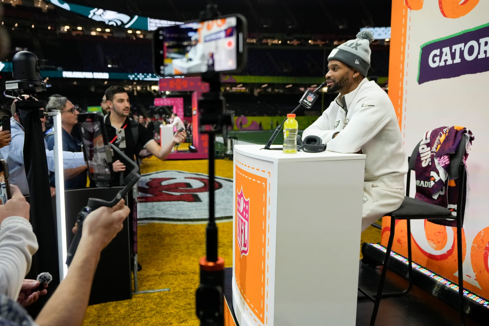 Philadelphia Eagles cornerback Darius Slay Jr. (2) participates during Super Bowl 59 Opening Night, Monday, Feb. 3, 2025, in New Orleans, ahead of the NFL football game between the Philadelphia Eagles and the Kansas City Chiefs Sunday. (AP Photo/Matt York)