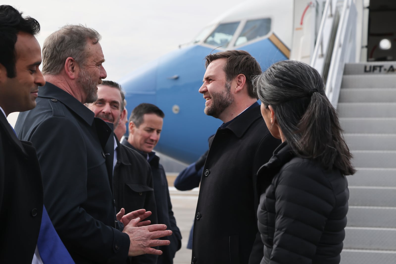 Vice President JD Vance and Second Lady Usha Vance arrive at Youngstown Air Reserve Station in Vienna, Ohio, en route to East Palestine, Ohio, Monday, Feb. 3, 2025. (Rebecca Droke/Pool Photo via AP