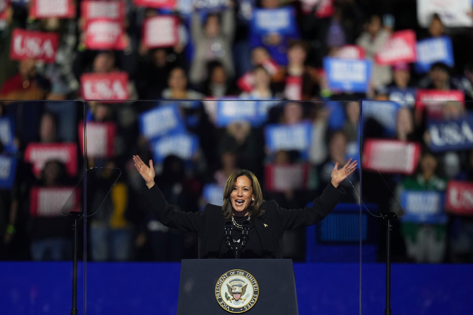 Democratic presidential nominee Vice President Kamala Harris speaks during a campaign rally outside the Philadelphia Museum of Art, Monday, Nov. 4, 2024, in Philadelphia. (AP Photo/Matt Slocum)