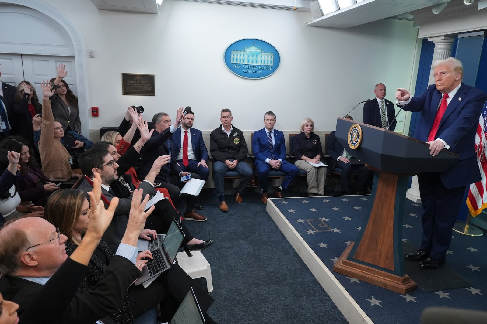 President Donald Trump takes questions while speaking with reporters in the James Brady Press Briefing Room at the White House, Thursday, Jan. 30, 2025, in Washington. (AP Photo/Jacquelyn Martin)