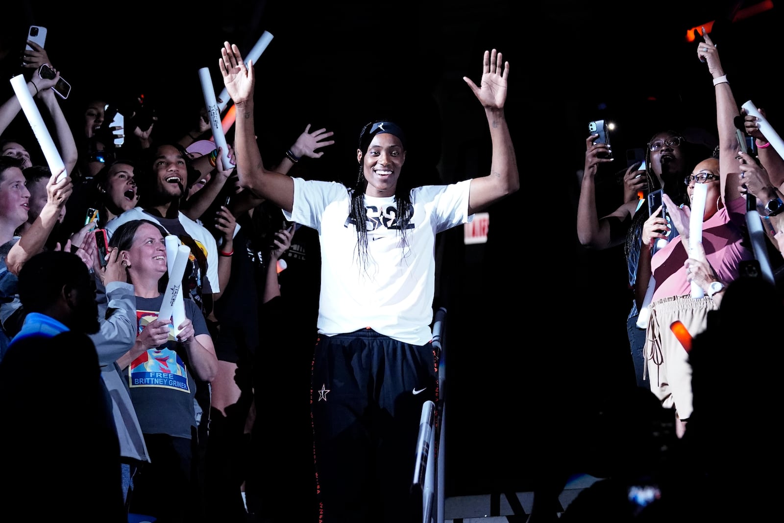 FILE - Team Wilson's Sylvia Fowles waves to fans as she walks down to the court before a WNBA All-Star basketball game against Team Stewart in Chicago, Sunday, July 10, 2022. (AP Photo/Nam Y. Huh, File)